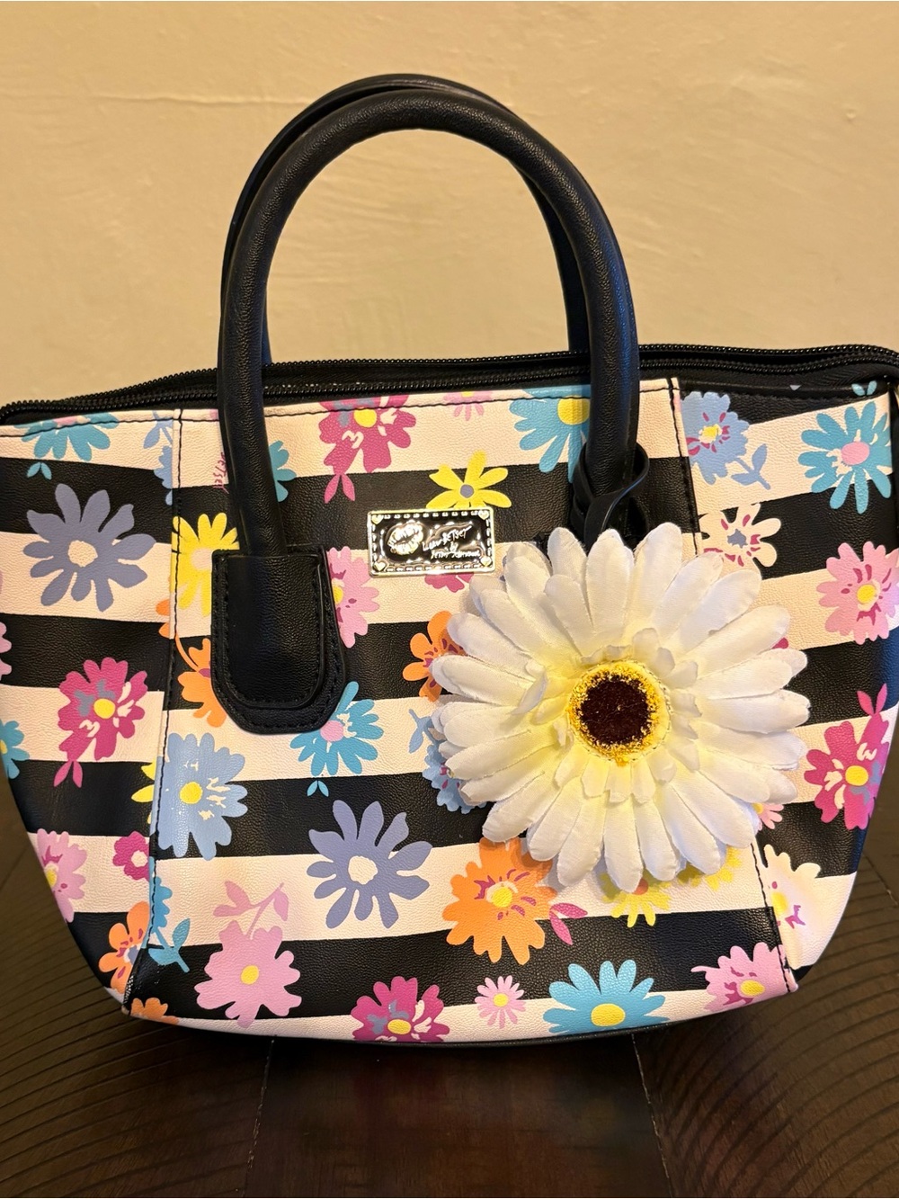 Luv Betsey by Betsey Johnson Black & White striped handbag with daisy accents